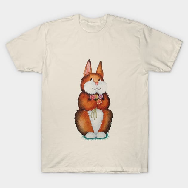 cute brown Bunny holding colourful flowers T-Shirt by pollywolly